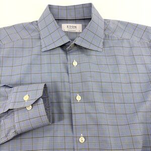 Eton Contemporary Fit Blue Green Micro Check Fine Twill Cotton Dress Shirt 16 41